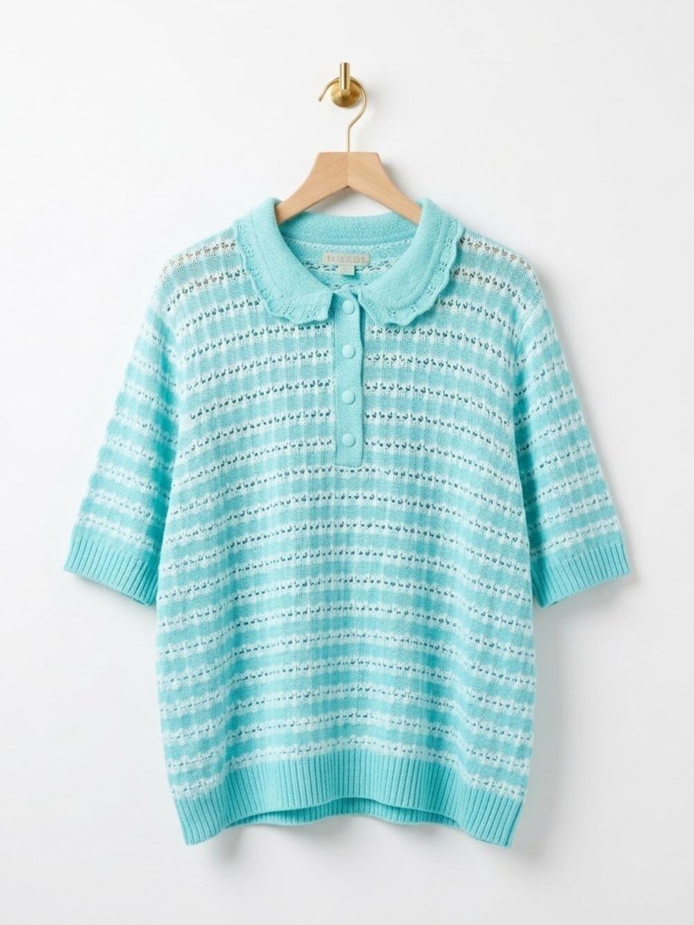 Open Knit Polo Crochet Sweater Top 3X Blue Striped Cottagecore Preppy Artsy